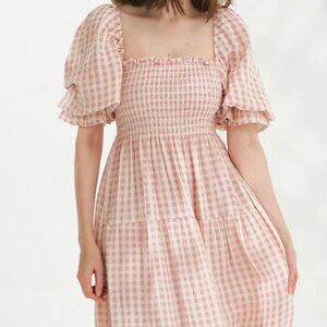 Nothing Fits But | Pink Gingham Smocked Maternity Dress | Size L | NWT